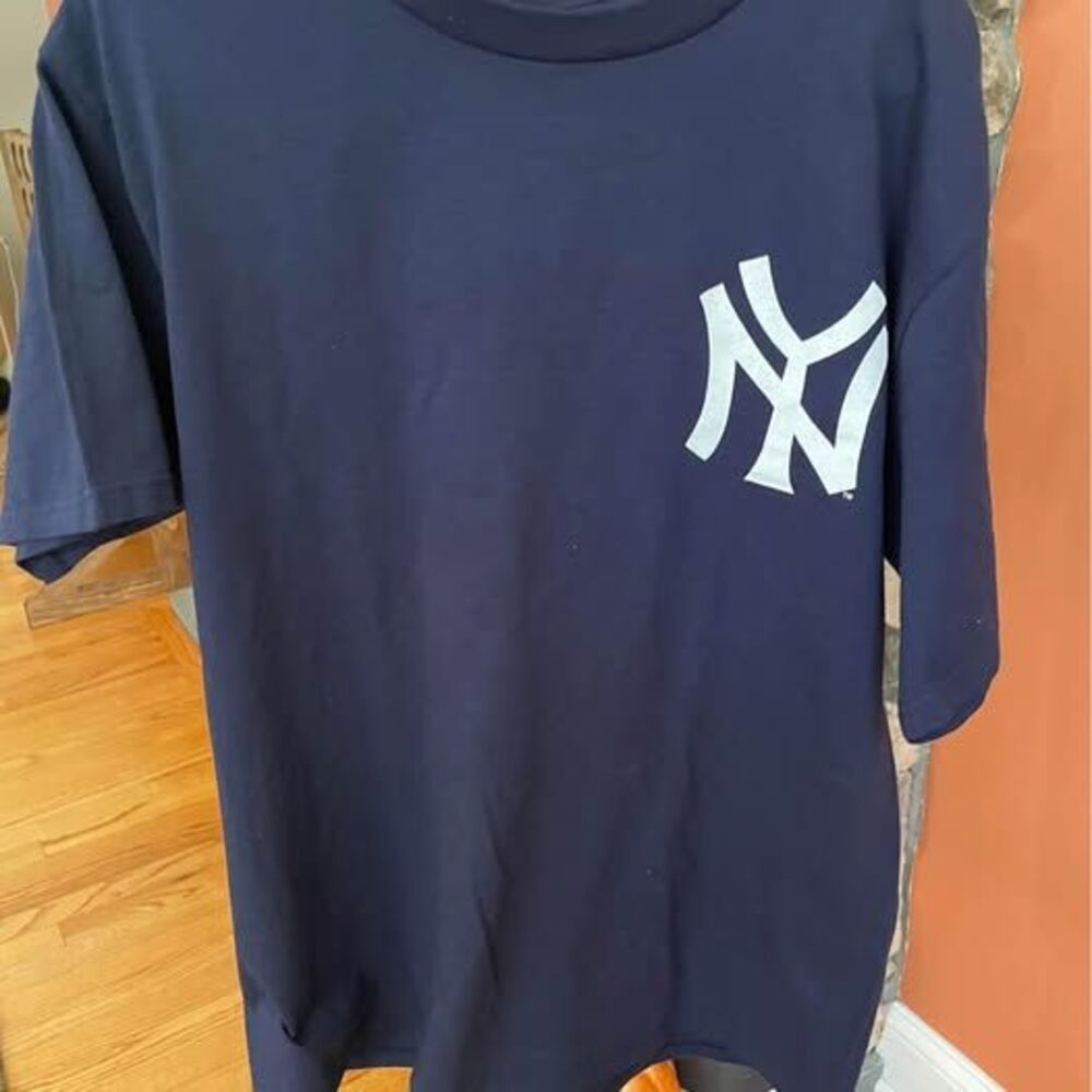 VINTAGE BABE RUTH NEW YORK YANKEES #3 LARGE BLUE T-SHIRT MAJESTIC MLB JERSEY Nev
